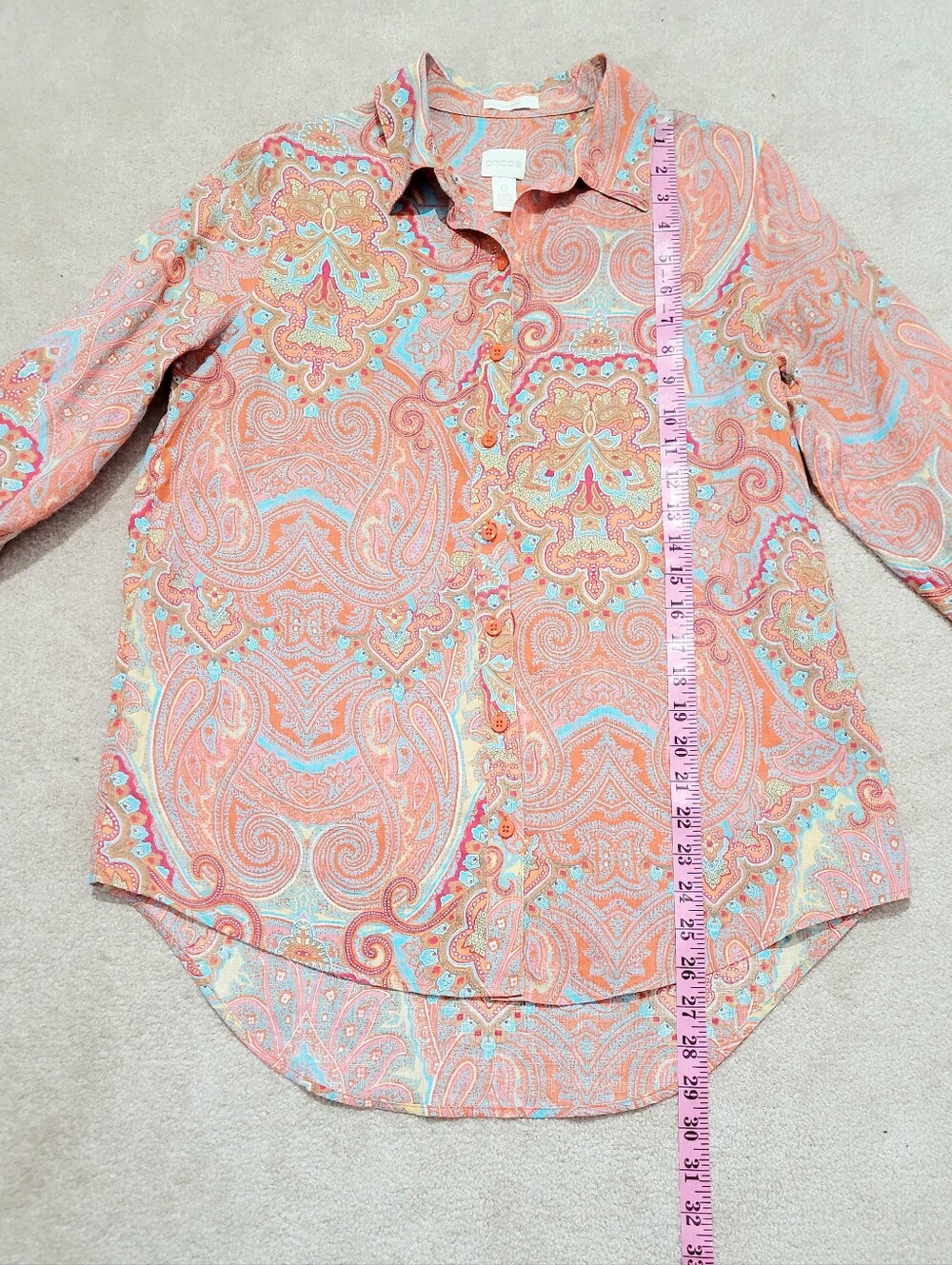 Chico's Size Small 100% Linen Paisley Button Front Shirt Coral Blue 3/4 Sleeve - Picture 13 of 13